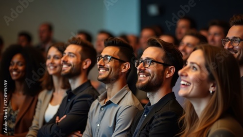 Group of people are smiling and sitting in audience