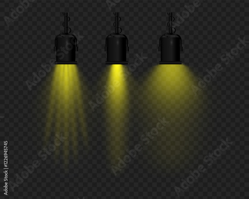 Realistic vector hanging lamps with yellow light on a transparent background. Black metal body, suspended structure, soft lighting, beam effect, stage projector, glowing reflection.