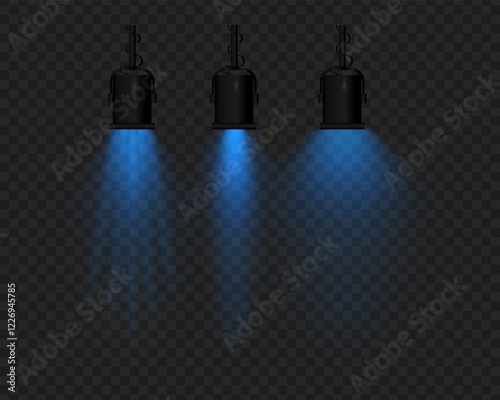 Realistic vector hanging lamps with blue light on a transparent background. Black metal body, suspended structure, soft lighting, beam effect, stage projector, glowing reflection.