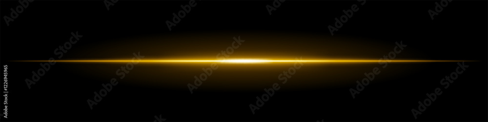 Horizontal light flare on a black background. Glowing yellow beam with soft gradient effect, futuristic energy, lens reflection, cinematic glow.