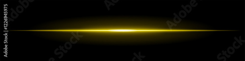 Horizontal light flare on a black background. Glowing yellow beam with soft gradient effect, futuristic energy, lens reflection, cinematic glow.