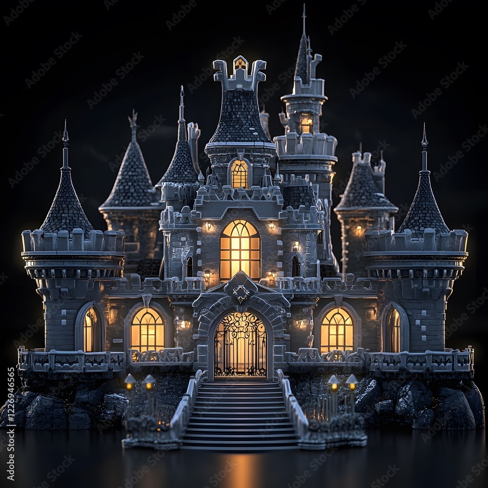 Obraz premium Beautiful and magnificent 3D cartoon palace, on a black background, generative AI