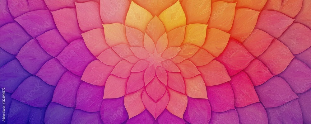 Obraz premium A vibrant mandala design featuring a gradient of purple, orange, and yellow hues, creating a harmonious and calming visual effect.