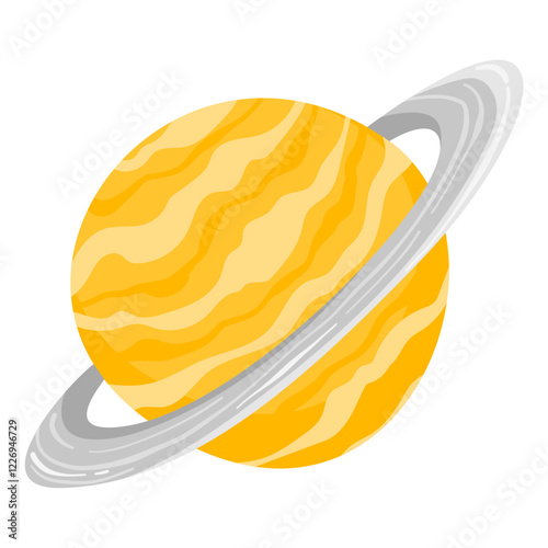 Bright orange planet with Saturn rings, isolated on white background. Cartoon planets of solar system. Saturn in flat vector style.