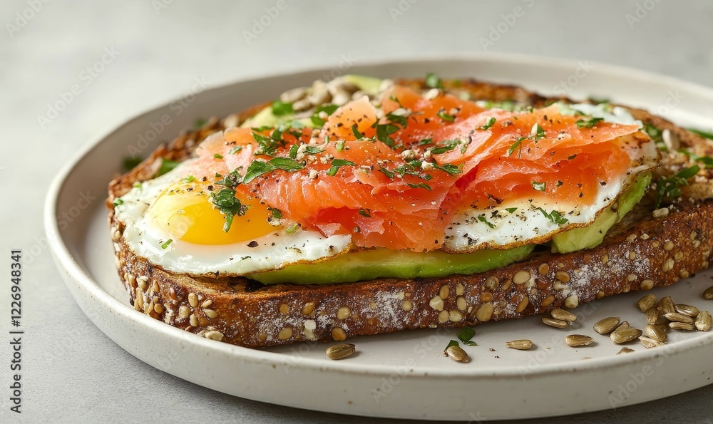 Healthy gourmet open-faced multigrain toast with avocado, smoked salmon, and sunny-side-up egg garnished with herbs and sunflower seeds on rustic white plate on concrete background, Healthy gourmet open-faced multigrain toast with avocado, smoked salmon, and sunny-side-up egg garnished with herbs and sunflower seeds on rustic white plate on concrete background,