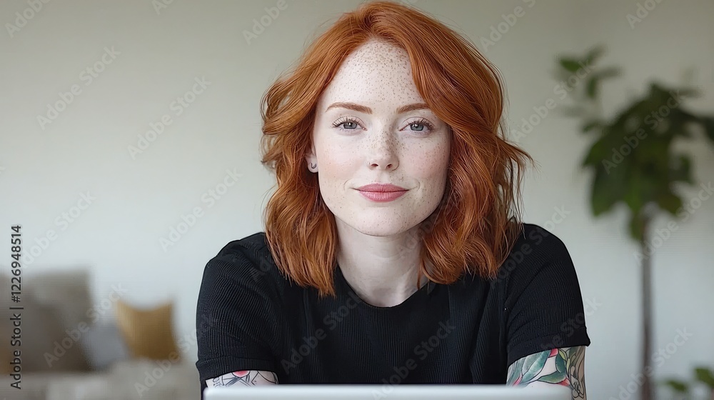 Woman with red hair smiles at camera in home office