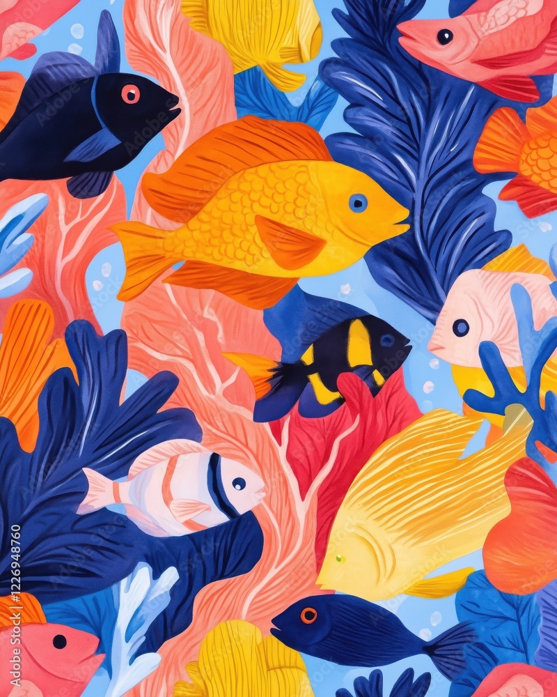 Naklejka premium Tropical fish swim gracefully among elaborate corals, creating a lively underwater environment filled with colors