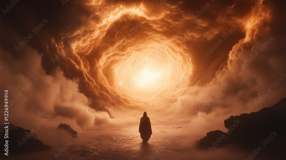 Fototapeta premium A lone figure approaches a radiant light, surrounded by swirling clouds and mist during dusk