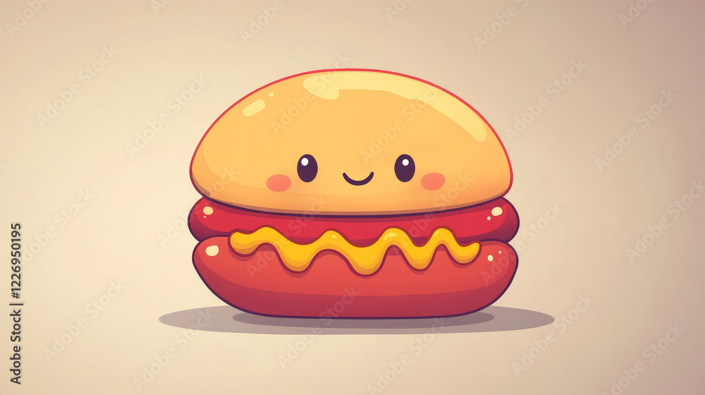 Smiling cartoon hotdog character with fresh bun, red hot sausage and yellow wavy line of mustard for fast food or barbecue party design Smiling cartoon hotdog character with fresh bun, red hot sausage and yellow wavy line of mustard for fast food or barbecue party design