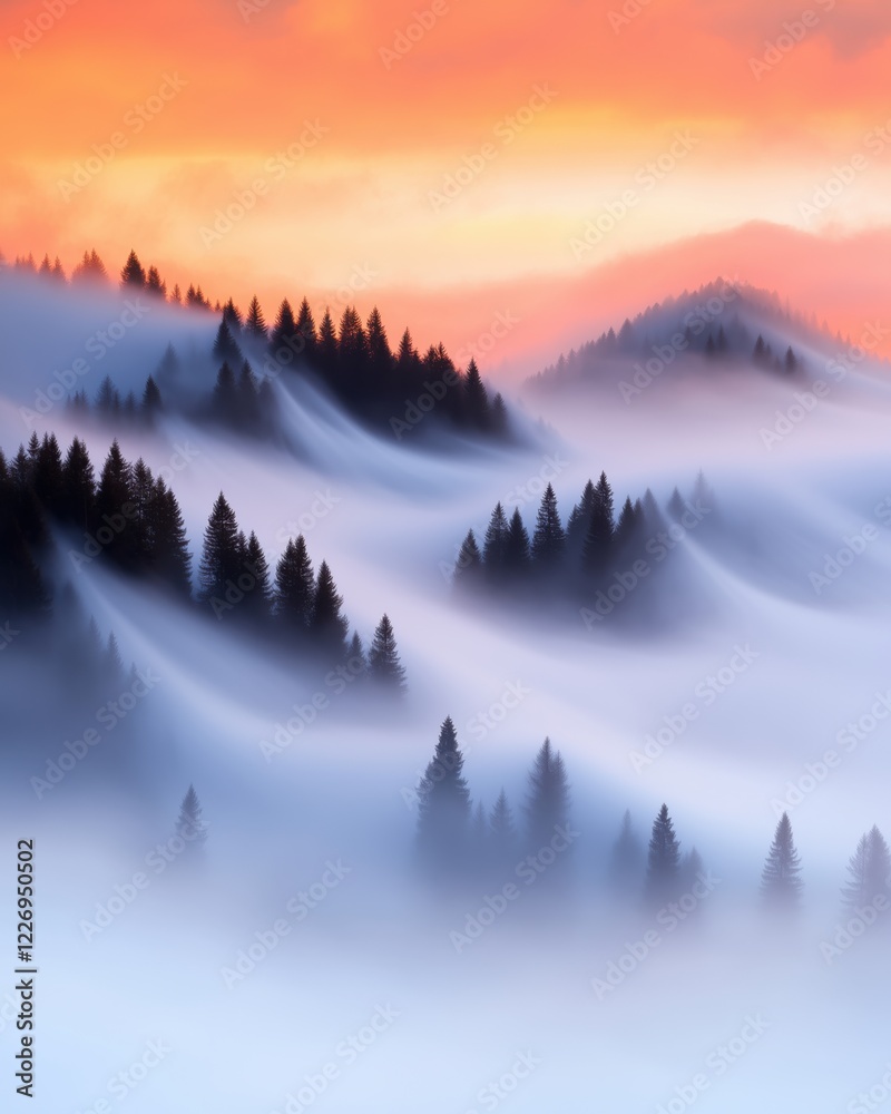 Obraz premium Sunrise casts an orange glow over misty mountains filled with dense evergreen trees, creating a serene landscape