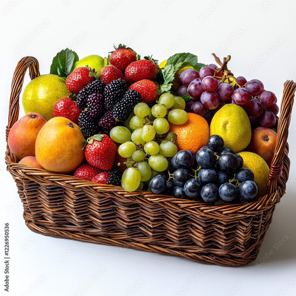 Fresh fruit basket on white background, ideal for healthy eating promotions