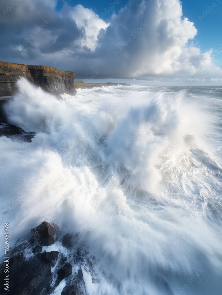 Fototapeta premium Huge waves collide with rugged cliffs while dark clouds loom above, creating an intense coastal atmosphere