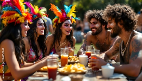 Gente joven disfrazada y maquillada con purpurina tomando bebidas y patatas bravas en una mesa al aire libre, hablando entre ellos