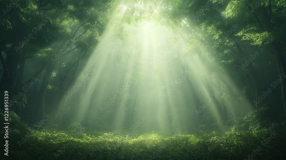 A forest with sunlight shining through the trees A forest with sunlight shining through the trees