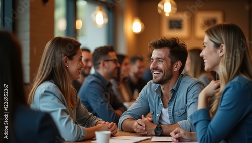People are sitting at table talking and having conversation