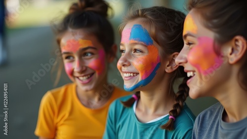Girls are all painted in bright colors and have their faces painted
