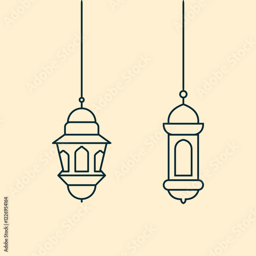 Hanging Lanterns Line Art, Two hanging lanterns in a simple line art style, ideal for Ramadan or festive designs.