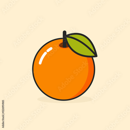 Orange Fruit Illustration, A simple illustration of an orange with a green leaf on a light background