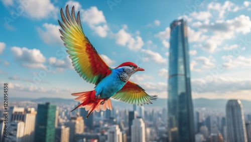 Colorful bird in flight over city skyline urban nature aerial view