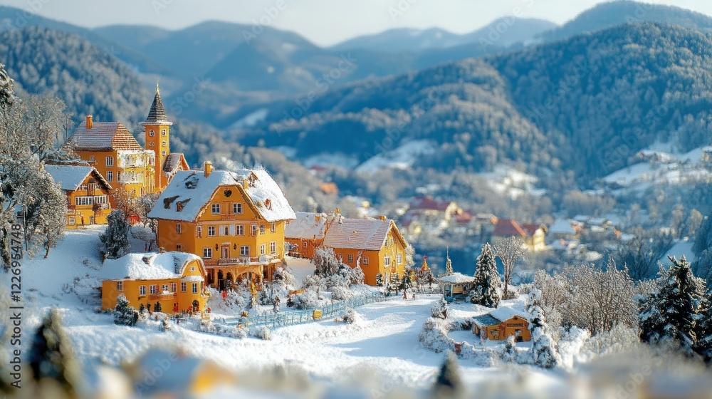 Obraz premium Snowy Alpine village winter scene postcard