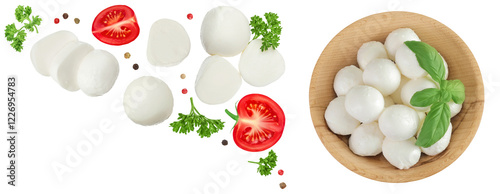 Wallpaper Mural Mini mozzarella balls with parsley and tomato in wooden bowl isolated on white background. Top view. Flat lay. Torontodigital.ca