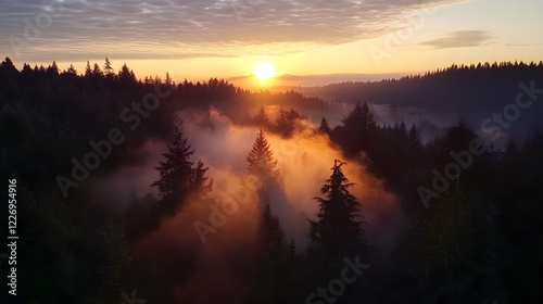 Golden sunrise over misty forest, tranquil scene capturing nature's beauty, ideal for relaxation themes or environmental topics.