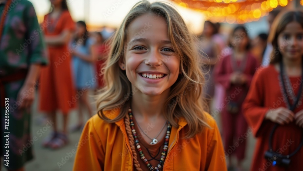 Obraz premium Girl is smiling for camera while standing in front of crowd