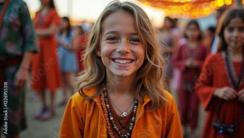 Girl is smiling for camera while standing in front of crowd