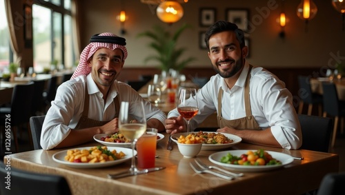 Two men are sitting at table with their plates of food