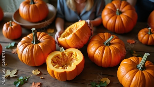 Woman is cutting pumpkin with knife on table