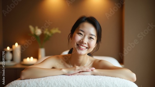 Woman is smiling while laying on towel in spa