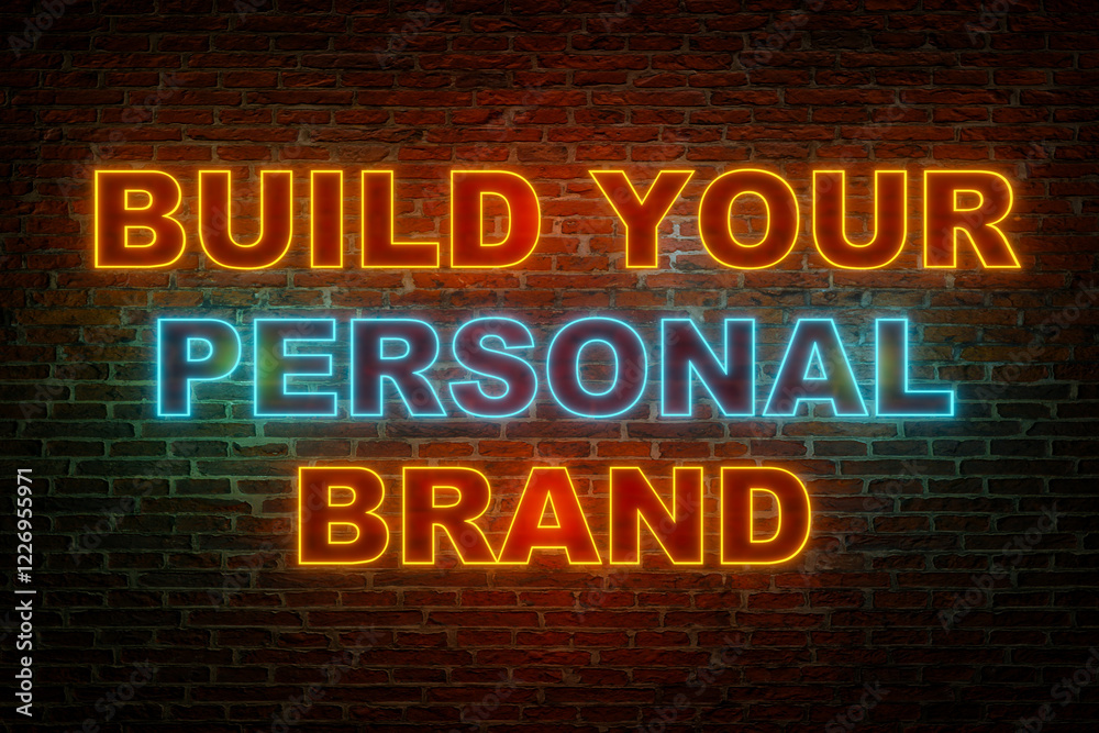 Fototapeta premium Build your personal brand. Brick wall at night with the text in orange and blue neon letters. 3D illustration