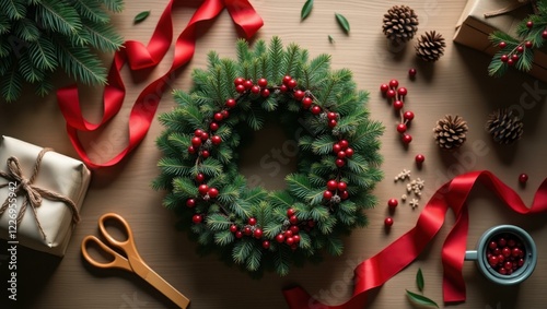 Christmas wreath is surrounded by red ribbon and pine cones