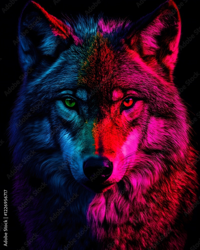 Fototapeta premium A portrait of a wolf colored in blue, red and pink light isolated on a black background