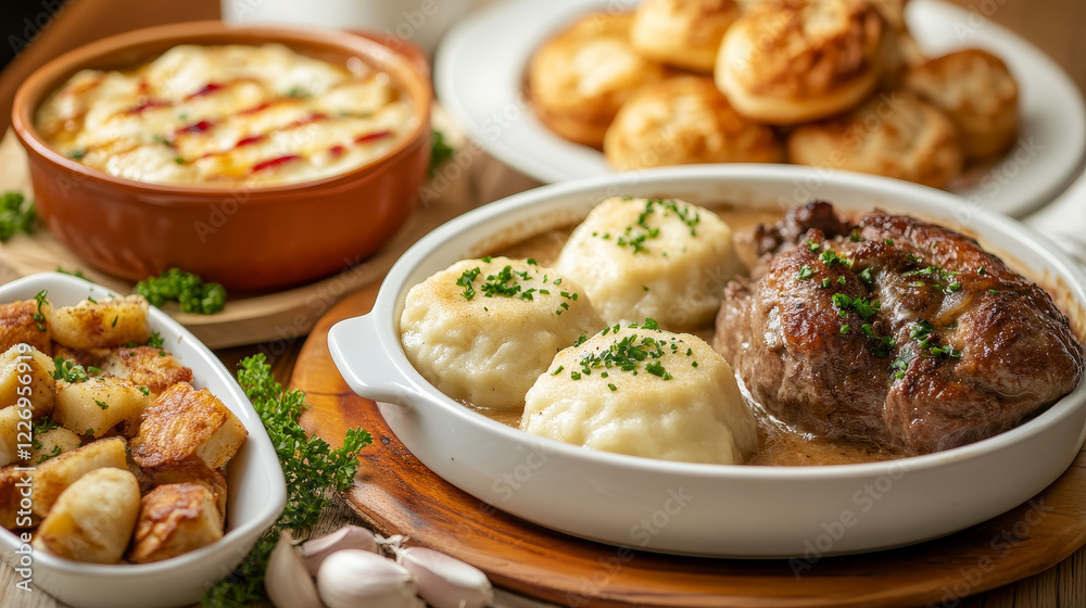 Austrian cuisine restaurant dishes banners. Baked goose, cheese dumplings and beef stew with mashed potatoes, beer soup and croutons, almond pie, knedles and nut cakes, vanilla crescent cookies vector Austrian cuisine restaurant dishes banners. Baked goose, cheese dumplings and beef stew with mashed potatoes, beer soup and croutons, almond pie, knedles and nut cakes, vanilla crescent cookies vector