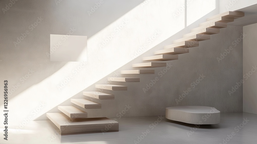 Fototapeta premium A modern minimalist staircase with floating wooden steps and no handrails. picture
