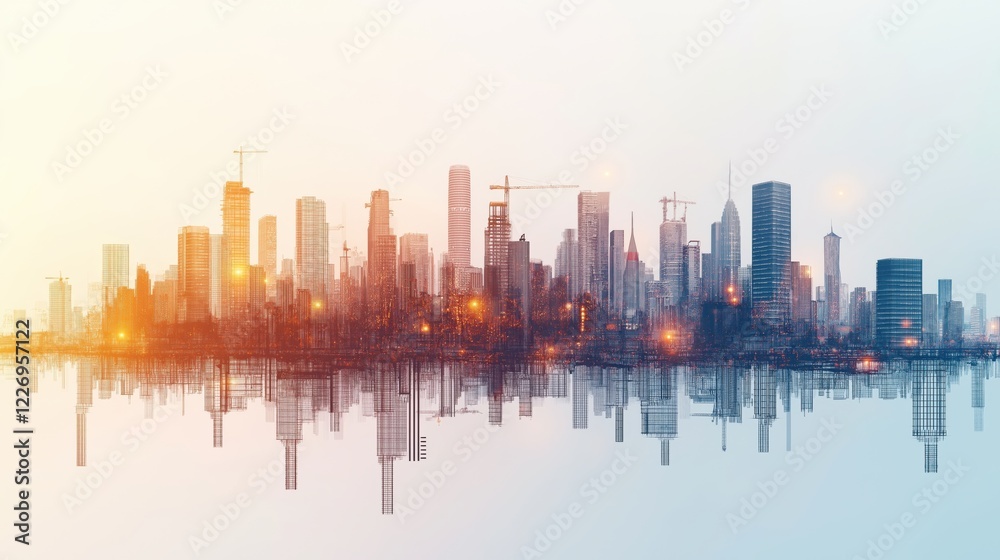 Fototapeta premium A city skyline is reflected in the water