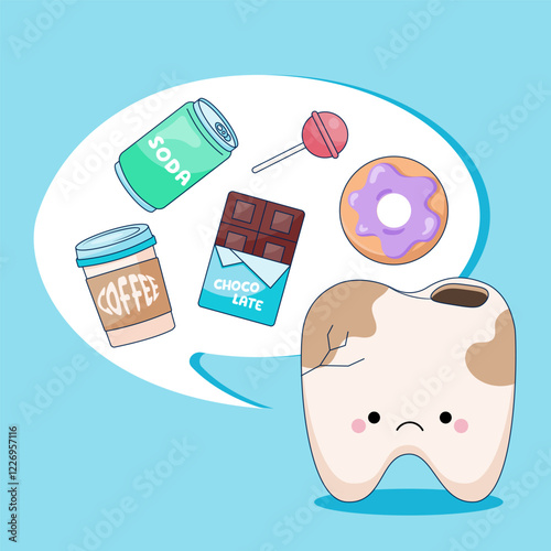 A tooth with caries, cracks and spots. Harmful products for teeth. Poor nutrition and dental health.