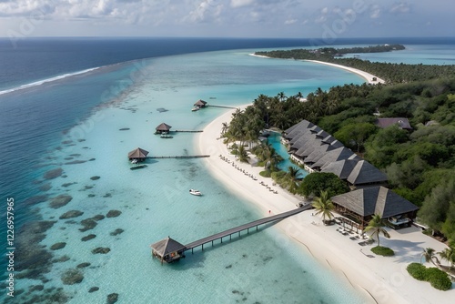 Fototapeta Naklejka Na Ścianę i Meble -  Aerial view of tropical island paradise with bungalows beach and turquoise water ai generated