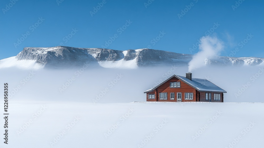 Snowy mountain cabin, winter fog, landscape, serene Snowy mountain cabin, winter fog, landscape, serene