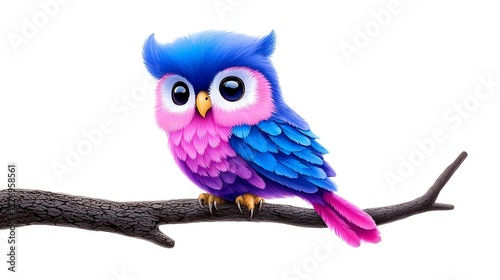 Cute Blue Pink Pixel Owl on a Branch