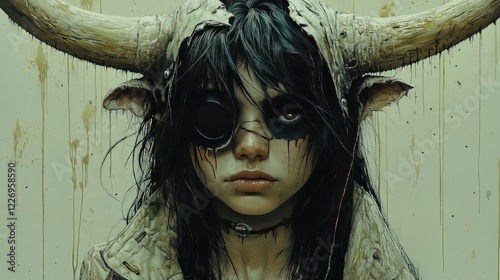 Young Woman with Horns and Eye Patch Digital Painting photo