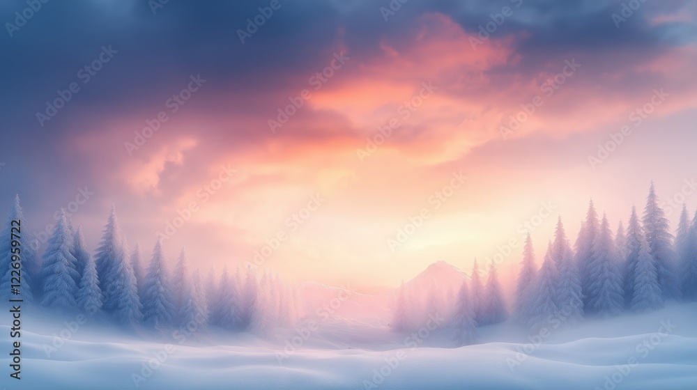 A beautiful snowy landscape with a bright orange sky A beautiful snowy landscape with a bright orange sky