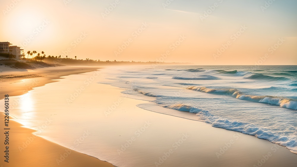Obraz premium Serene sunrise over a tranquil beach with gentle waves lapping golden sand near beachfront properties.