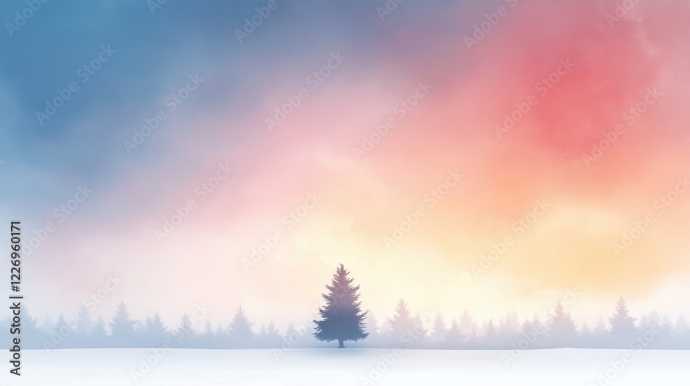 Obraz premium A tree stands in a snowy field with a pink and blue sky in the background