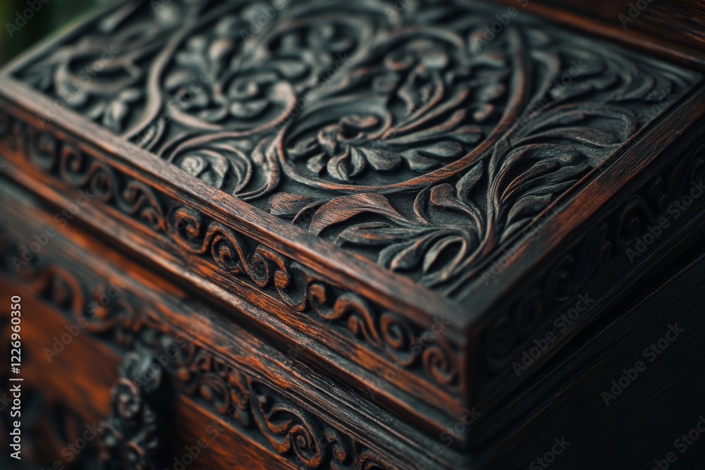 Intricately Carved Wooden Box Close-Up Intricately Carved Wooden Box Close-Up