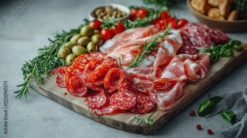 A charcuterie board featuring salami, ham, and prosciutto with olives and breadsticks.