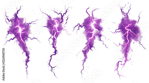 Bright Purple Lightning Bolts With Vivid Details on a Transparent Background for Design Purposes
