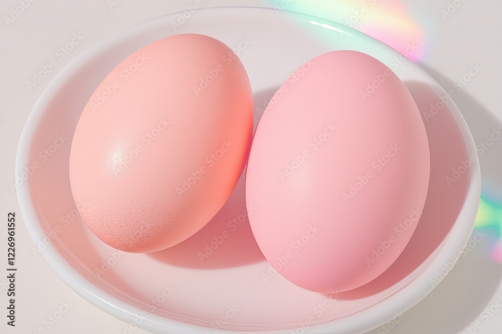 Fototapeta premium two pastel peach eggs neatly placed on white ceramic plate surrounded by subtle reflections of light