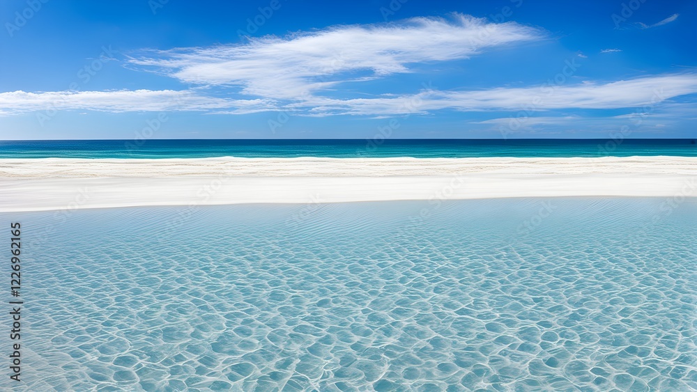 Obraz premium Idyllic beach scene with crystal-clear turquoise water lapping a pristine white sand shore under a vibrant blue sky.